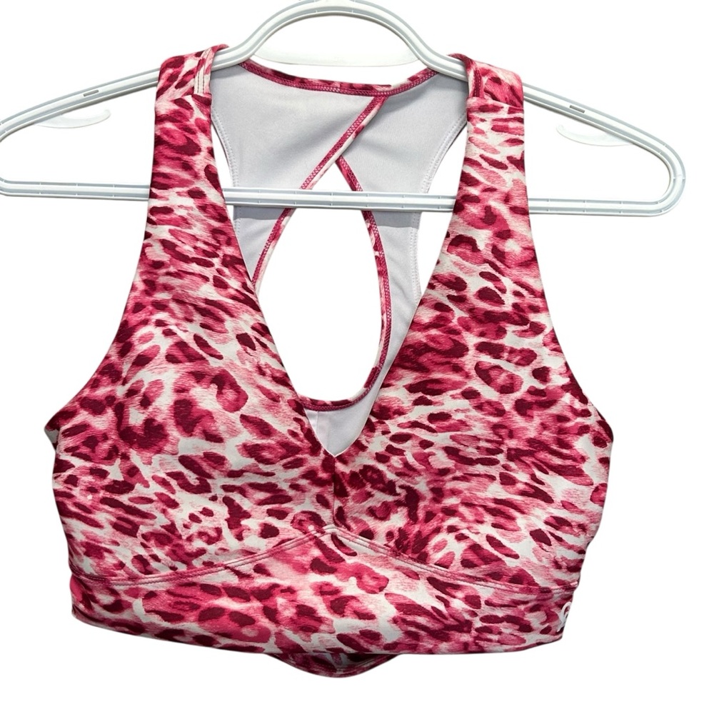 Good American Pink Leopard Sports Bra Double Knit V-Neck Size 2